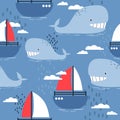 Happy whales and boats, colorful marine seamless pattern. Decorative cute background Royalty Free Stock Photo