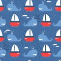 Happy whales and boats, colorful seamless pattern. Decorative cute background with fishes Royalty Free Stock Photo