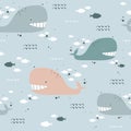 Colorful seamless pattern with happy whales, fishes. Decorative cute background Royalty Free Stock Photo