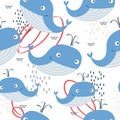 Colorful seamless pattern with happy whales. Decorative cute background