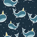 Colorful seamless pattern with happy whales, stars. Decorative cute background, night sky Royalty Free Stock Photo