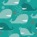 Colorful seamless pattern with happy whales. Decorative cute background Royalty Free Stock Photo