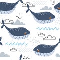 Colorful seamless pattern with happy whales. Decorative cute background, funny animals, sky Royalty Free Stock Photo