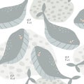 Colorful seamless pattern with happy whales. Decorative cute background, funny animals Royalty Free Stock Photo