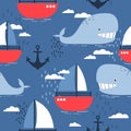 Colorful seamless pattern with happy whales, sea anchors and boats. Decorative cute background Royalty Free Stock Photo