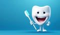 Happy healthy character tooth with toothbrush on blue background. Generative AI illustration Royalty Free Stock Photo