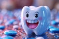 Happy white healthy tooth, cartoon character, toothache concept, AI Generated Royalty Free Stock Photo