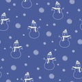 Happy white snowman on blue background. Christmas, winter seamless repeat pattern. Perfect for christmas wrapping, backgrounds.