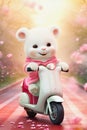 happy white teddybear on a scooter, generative ai