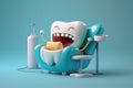 Happy white tooth sitting in a dental chair ready to be treated. Generative AI