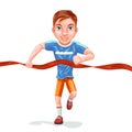 Happy winner athlete runner crosses marathon finish red line achievement sprint running isolated cartoon design vector