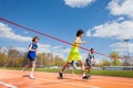 Happy winner crossing finish line on the racetrack Royalty Free Stock Photo