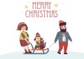 Happy winter family Sledging merry christmas card Royalty Free Stock Photo