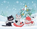 Happy Winter Friends. Three Little Cats. Vector