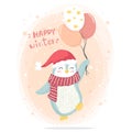 Happy winter happy pink penguin with red scarf and red hat  holding pink star balloons Royalty Free Stock Photo