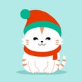 Happy winter holiday with cute cat head in Santa hat, a Christmas cartoon. Royalty Free Stock Photo