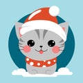 Happy winter holiday with cute cat head in Santa hat, a Christmas cartoon. Royalty Free Stock Photo
