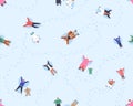 Happy winter holiday pattern. People making snow angels, funny endless background. Seamless repeating print design for