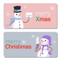 Happy winter holidays, Merry Christmas and Xmas snowman vector illustration of two banners. Winter landscape with Royalty Free Stock Photo