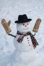 Happy winter time. Christmas snowman on white snow background. Snowman with light star in Christmas day. Royalty Free Stock Photo