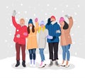 Happy winter Vacation. Warmly dressed group of young people. Merry Christmas and Happy New Year wishes. Vector illustration in a