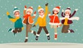 Happy winter vacation. Warmly dressed people in the jump. The co