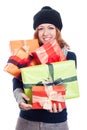 Happy winter woman with many presents