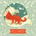 Happy winter woman, snowing card