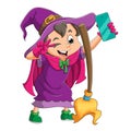 The happy witch girl is taking a selfie with the magic broom