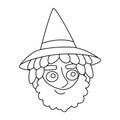 Happy wizard coloring page for kids Halloween party vector illustration. Funny cartoon magician in witch hat black