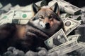 A happy wolf in a business suit lies on a huge pile of money created with Generative AI technology