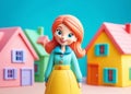 happy woman against background of cozy houses. Cartoon character made of plasticine in pastel colors