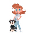 Happy woman animal doctor and adorable dog. Vector Illustration.