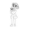 Happy woman animal doctor and cute cat. Childrens coloring page.