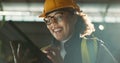 Happy woman, architect and tablet in warehouse for inspection, inventory or storage. Face of female person, engineer or