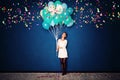 Happy Woman, Balloons and Confetti on Blue Banner Royalty Free Stock Photo