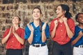 Happy woman, baseball and team in applause, celebration or winning cheer in sports game. Group of female athlete or Royalty Free Stock Photo