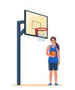 Happy woman basketball player in uniform with ball on the basketball court. Vector illustration