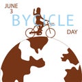 Happy woman on bike. Bicycle Day banner. Silhouette Earth planet. Girl riding on cycle outdoor. Cyclists celebration Royalty Free Stock Photo
