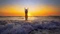 Happy Woman in Bikini Jumping in Sea Sunset Royalty Free Stock Photo