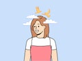 Happy woman with birds and clouds above head symbolizing purity thoughts and absence bad intentions Royalty Free Stock Photo