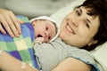 Happy woman after birth with a newborn baby