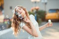 Happy woman blowing soap bubbles Royalty Free Stock Photo