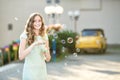 Happy woman blowing soap bubbles. focus on soap bubbles Royalty Free Stock Photo