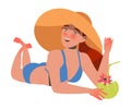 Happy Woman in Blue Swimsuit and Wide Brimmed Hat Lying on Beach with Cocktail Enjoying Summer Vacation and Seaside Rest Royalty Free Stock Photo