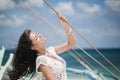 Happy woman on boat enjoy sailing Royalty Free Stock Photo