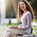 Happy woman, books and education with student on campus, learning with scholarship at university and outdoor. Female Royalty Free Stock Photo