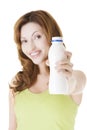 Happy woman with bottle of kefir