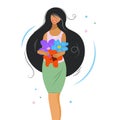 Happy woman with a bright bouquet of abstract flowers. Concept for Mother`s Day, Valentine`s Day, March 8, Women`s Day. A prett