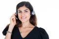 Happy woman business in call center smiling cheerful support phone operator portrait in phone headset Royalty Free Stock Photo